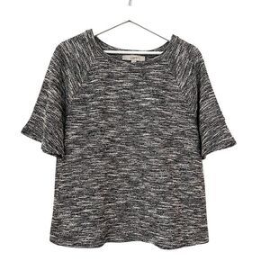 LOFT Bell Short Sleeve Boucle Black White Tweed Sweater